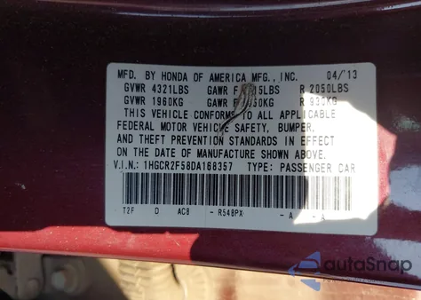 2013 Honda Accord Sport z USA, uszkodzony, nr VIN 1HGCR2F58DA168357